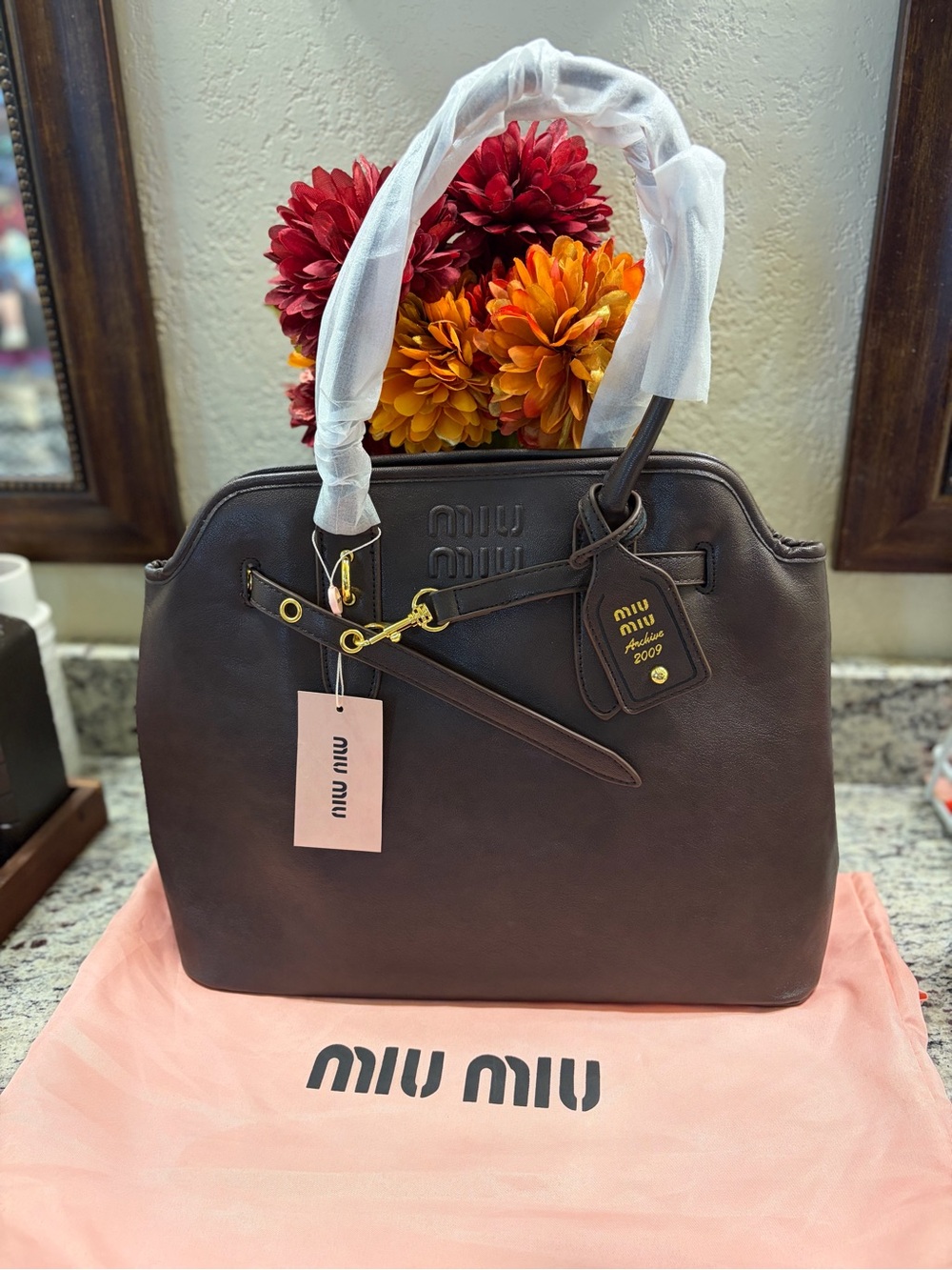 Miu Miu Dark Brown EXTRA LARGE Leather Tote with Gold Hardware